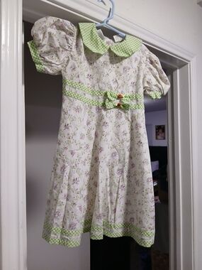 Thomas Vintage Girls Floral Dress with Green Gingham Trim